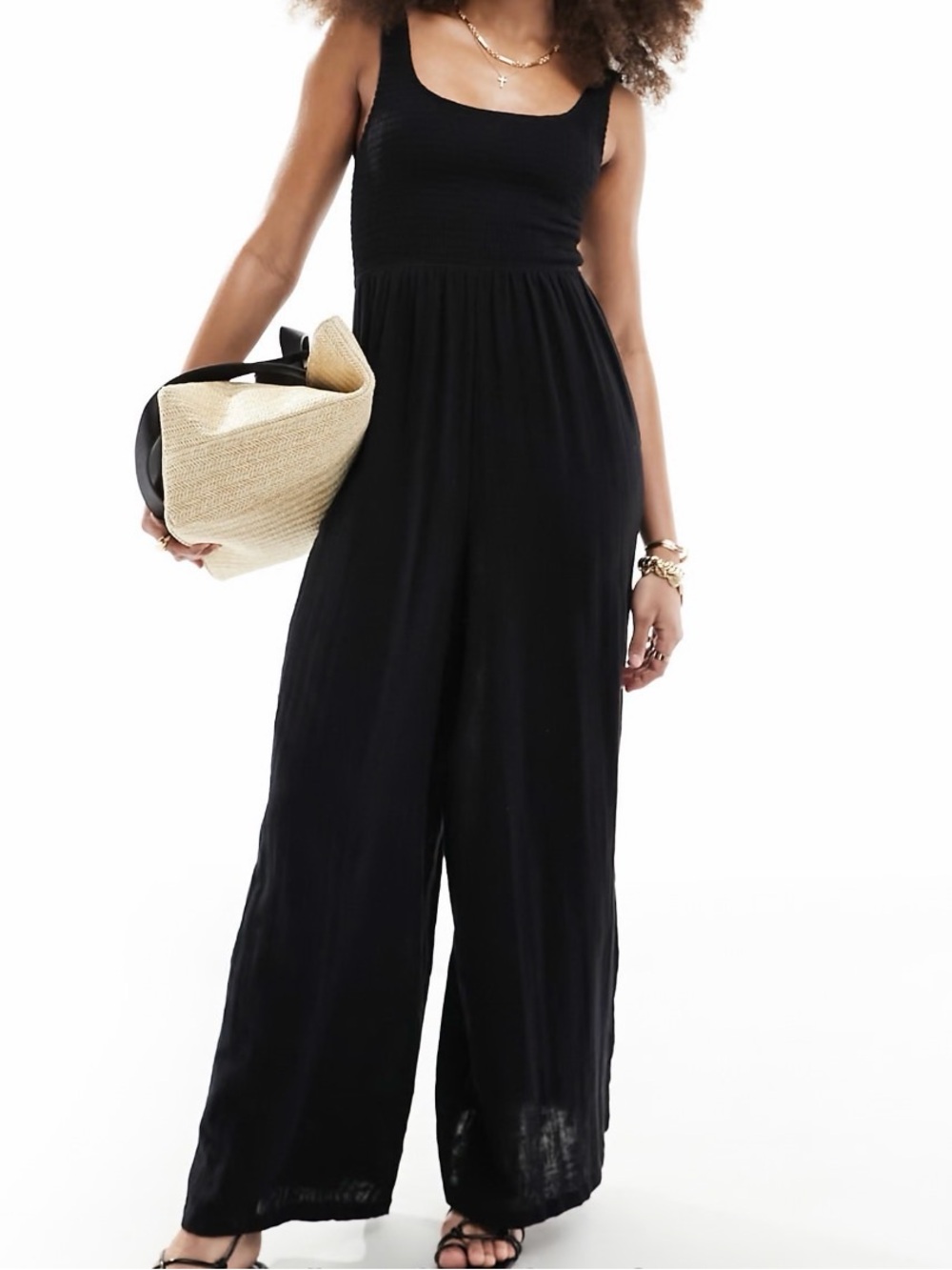 ASOS Black Smocked Bodice Wide-Leg Jumpsuit